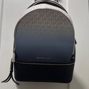 Michael Kors Monogram Rhea Medium Ombré Zip Backpack in Ocean Blue and White